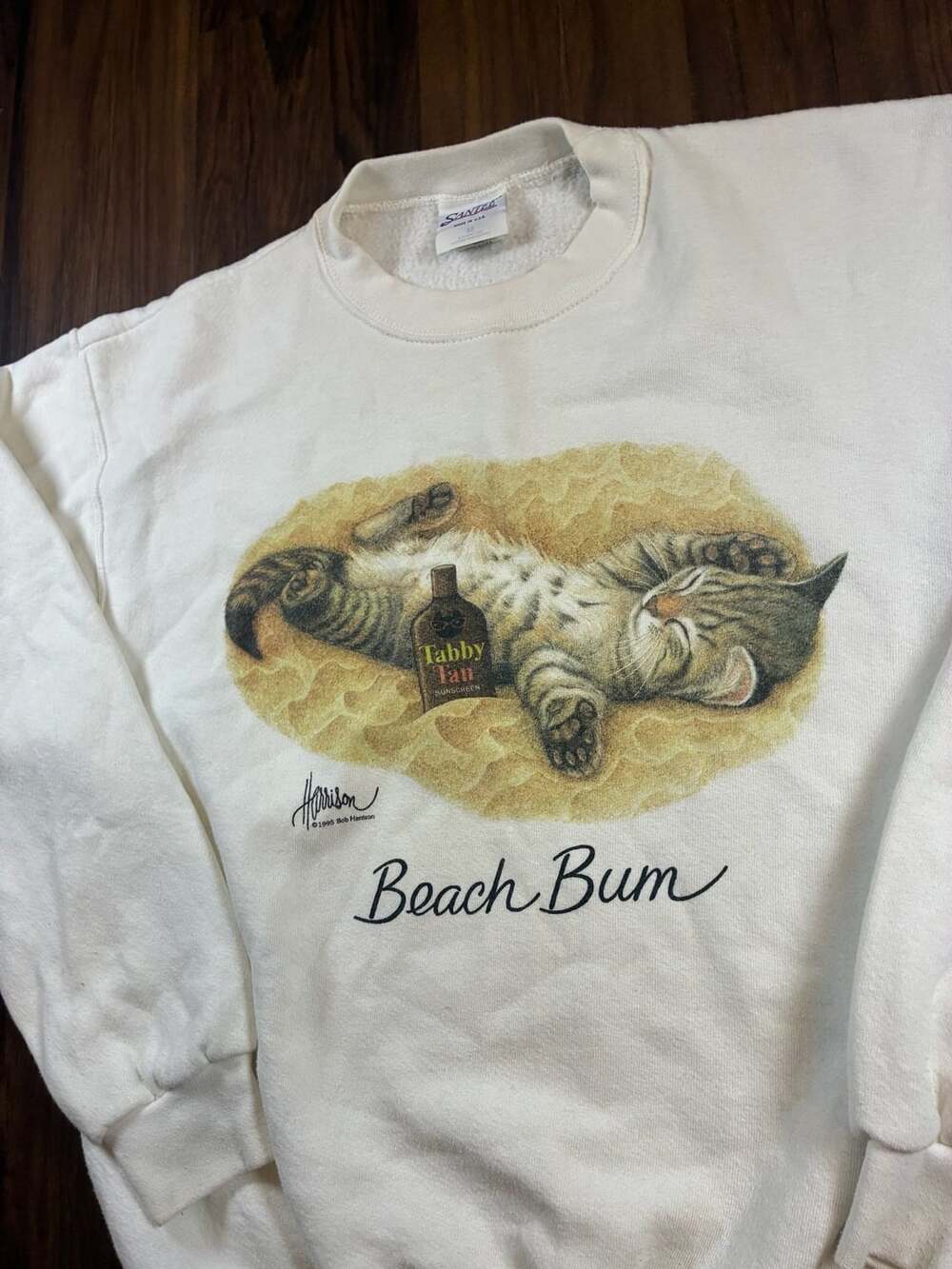 Santee Beach Bum Bob Harrison Cat Sweatshirt Size M Vintage 1995 White